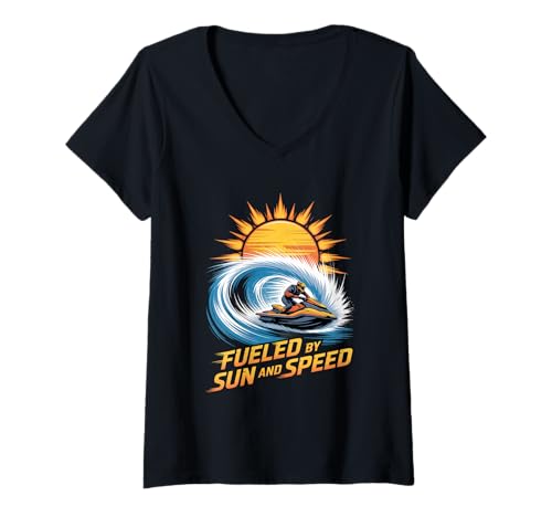 Damen Angetrieben durch Sonne und Speed Jet Ski Sommer T-Shirt mit V-Ausschnitt Damen Angetrieben durch Sonne und Speed Jet Ski Sommer T-Shirt mit V-Ausschnitt von Jet Ski Summer Water Sports Lifestyle