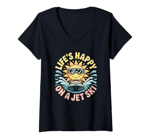 Damen Das Leben ist glücklich in einem Jetski-Sommer T-Shirt mit V-Ausschnitt von Jet Ski Summer Water Sports Lifestyle