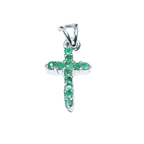 Jete Smaragd-Stechpalmen-Kreuz-Anhänger mit 925er Sterlingsilber, massives Silber, 14 x 9 mm, natürlicher Edelstein, Charm-Medaillas, für Damen und Mädchen, Edelstein, Smaragd von Jete