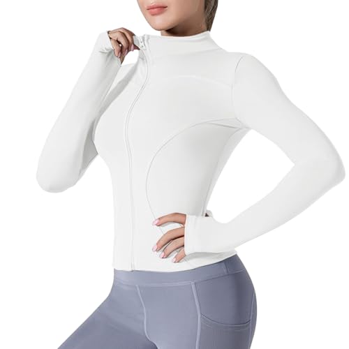 Damen Laufjacke Sportjacket Gym Top Sport Oberteil Yoga Langarm Jacket Hoher Kragen Sportshirt Trainingsjacke mit Reißverschluss und Daumenlöchern,Weiß,M von Jetjoy