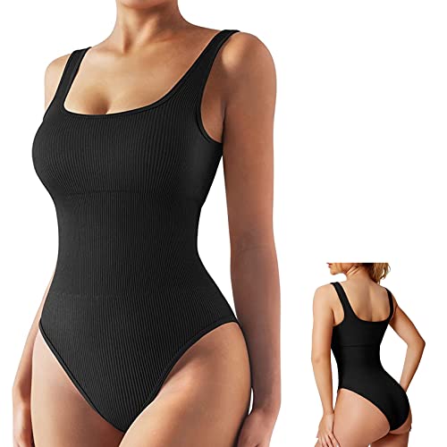 Jetjoy Bodysuit Shapewear Damen Body Shaper bauchweg Steuerung Quadratischer Ausschnitt Ärmellose Tanktops Nahtlose Bodysuits,schwarz,M von Jetjoy