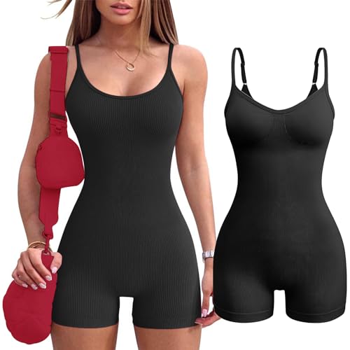 Jetjoy Damen Jumpsuit Kurz Eng Ärmellose Yoga Romper Spaghetti Strap Onesie Bodysuit Sommer Tank Top Einteiler Overall Stretch Sexy Sport kurzer Jumpsuits,Schwarz,M von Jetjoy