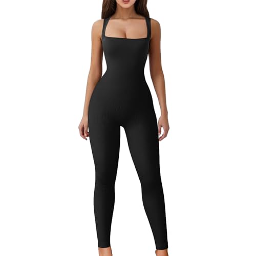 Jetjoy Jumpsuit Damen Sport Gerippte Jumpsuits Long Eng Yoga Einteiler Damen Ganzkörperanzug Overall Damen Elegant Onesie Catsuit Bodysuit Romper Hosenanzug Trainingsanzug von Jetjoy