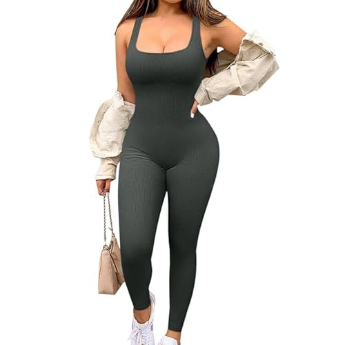 Jetjoy Damen Sport Jumpsuit Lang Yoga Armellos Bodycon Einteiler Ganzkörperanzug Stretch Elegant Jumpsuit eng Eckigem Ausschnitt Gerippte Workout Overall Hosenanzug,Vierkantansatz Olivgrün,S von Jetjoy