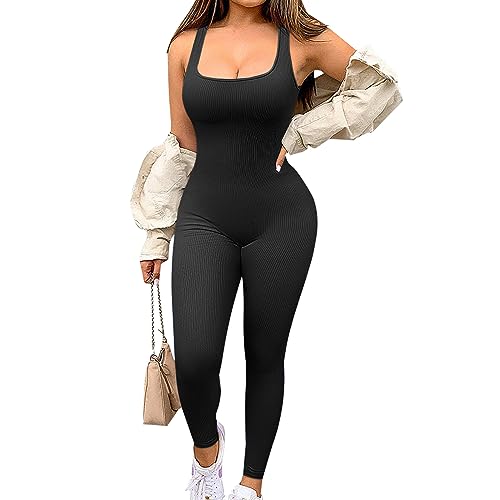 Jetjoy Damen Sport Jumpsuit Lang Yoga Armellos Workout Bodysuit Einteiler Ganzkörperanzug Jumpsuit eng Eckigem Ausschnitt Gerippte Jumpsuits Sportanzug Einteiliger von Jetjoy