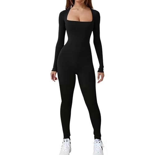 Jetjoy Damen Sport Jumpsuit Lang Yoga Langarm Bodycon Einteiler Ganzkörperanzug Stretch Elegant Jumpsuit eng Eckigem Ausschnitt Gerippte Workout Overall Hosenanzug,Langarm Schwarz,M von Jetjoy