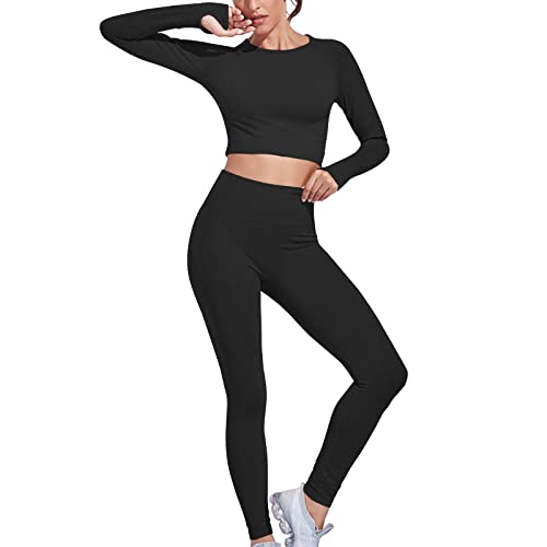 Jetjoy Damen Sportanzüge Jogginganzug 2 Stücke Nahtlose Sport Set Damen Fitness Bekleidung Langarm Top und Hohe Taille Leggings Yoga Outfit Freizeitanzug Sportswear Set von Jetjoy