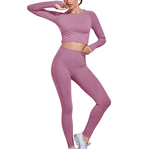 Jetjoy Damen Sportanzüge Jogginganzug 2 Stücke Nahtlose Sport Set Damen Fitness Bekleidung Langarm Top und Hohe Taille Leggings Yoga Outfit Freizeitanzug Sportswear Set von Jetjoy