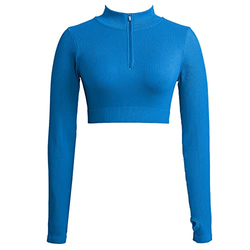 Jetjoy Damen Sportshirt Langarm Funktionsshirt 1/2 Reißverschluss Laufshirt Schnelltrocknend Langarmshirts mit Daumenloch Fitness Stehkragen Oberteile,Blau,M von Jetjoy