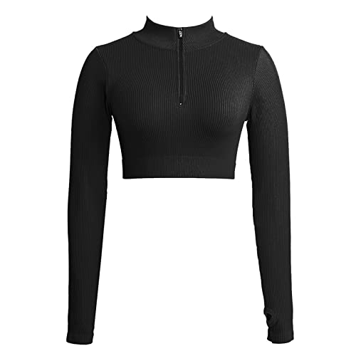 Jetjoy Damen Sportshirt Langarm Funktionsshirt 1/2 Reißverschluss Laufshirt Schnelltrocknend Langarmshirts mit Daumenloch Fitness Stehkragen Oberteile,Schwarz,L von Jetjoy