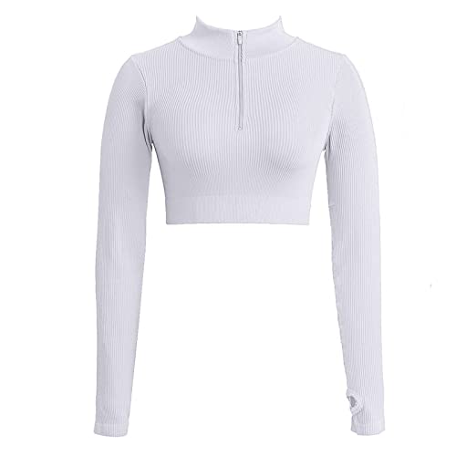 Jetjoy Damen Sportshirt Langarm Funktionsshirt 1/2 Reißverschluss Laufshirt Schnelltrocknend Langarmshirts mit Daumenloch Fitness Stehkragen Oberteile,Weiß,M von Jetjoy