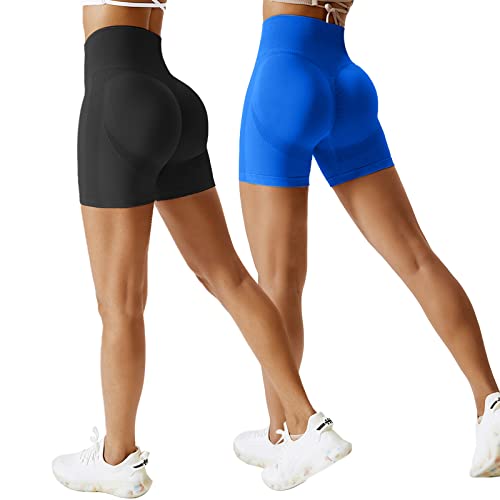 Jetjoy Gym Shorts Damen Sportshorts Scrunch Butt High Waisted Kurze Sporthose Damen Yoga 2 Pack Nahtlos Kurze Hose Laufhose Radlerhose,Blau+Schwarz,L von Jetjoy