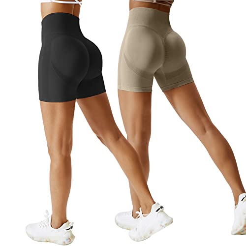 Jetjoy Gym Shorts Damen Sportshorts Scrunch Butt High Waisted Kurze Sporthose Damen Yoga 2 Pack Nahtlos Kurze Hose Laufhose Radlerhose,Khaki+Schwarz,L von Jetjoy