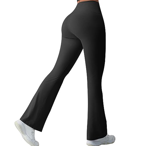 Jetjoy Schlaghose Damen Flared Leggings Hohe Taille Yogahose Gerippt Nahtlos Sporthose Fitness Flare Pants Stretch Jazzpants CRZ Yoga Bootcut Legging Weites Bein Schlaghosen Mädchen 70er,Schwarz,L von Jetjoy