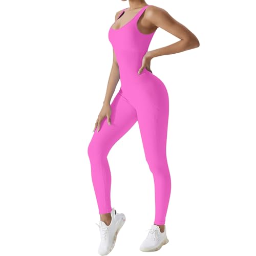 Jetjoy Damen Sport Jumpsuit Lang Yoga Armellos Workout Bodysuit Einteiler Ganzkörperanzug Jumpsuit eng Eckigem Ausschnitt Gerippte Jumpsuits Sportanzug Einteiliger von Jetjoy