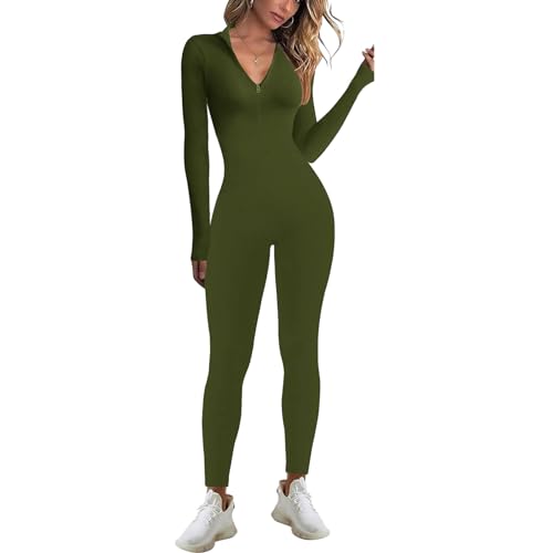 Jetjoy Sport Jumpsuit Damen eng Einteiler Jumpsuit Damen Langarm Gerippte Ganzkörperanzug mit Reißverschluss Yoga Overall V-Ausschnitt Bodycon Strampler,Reißverschluss Olivgrün,L von Jetjoy