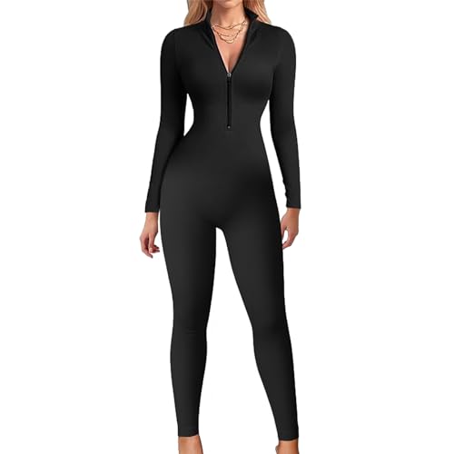 Jetjoy Sport Jumpsuit Damen eng Einteiler Jumpsuit Damen Langarm Gerippte Ganzkörperanzug mit Reißverschluss Yoga Overall V-Ausschnitt Bodycon Strampler,Reißverschluss Schwarz,L von Jetjoy