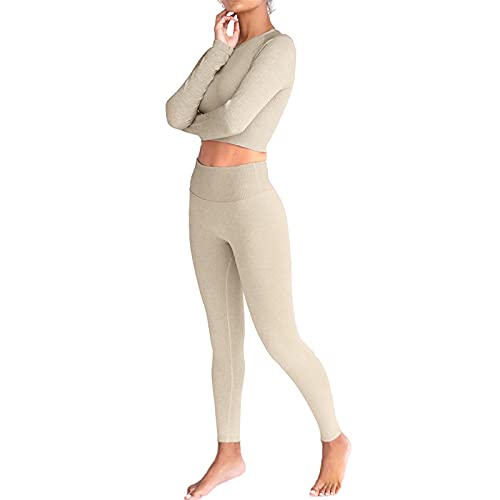 Jetjoy Workout Set Damen Sport kleidung Frauen 2 Teilig Langarmshirt + Gym Leggings Sport Outfit Fitness Yoga Set Jogginganzug Trainingsanzug, A Khaki, S von Jetjoy