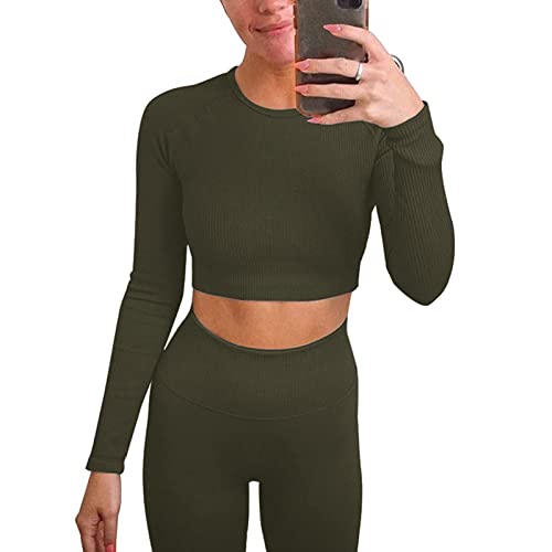 Jetjoy Workout Set Damen Sport kleidung Frauen 2 Teilig Langarmshirt + Gym Leggings Sport Outfit Fitness Yoga Set Jogginganzug Trainingsanzug, Armee Grün, S von Jetjoy