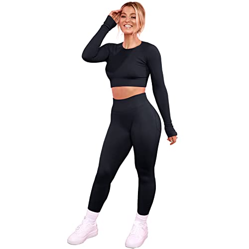 Jetjoy Workout Set Damen Sport kleidung Frauen 2 Teilig Langarmshirt + Gym Leggings Sport Outfit Fitness Yoga Set Jogginganzug Trainingsanzug, Grau, L von Jetjoy