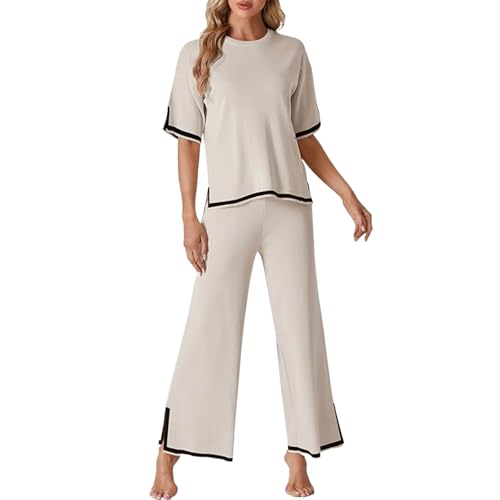 Jetjoy Zweiteiler Damen Freizeitanzug Hausanzug Kurzarm Strickpullover mit Lange Hose Lounge Set Tracksuit Jogginganzug 2 Teiler Set Winter Outfits,Beige,M von Jetjoy
