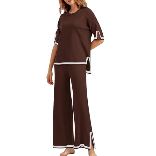 Jetjoy Zweiteiler Damen Freizeitanzug Hausanzug Kurzarm Strickpullover mit Lange Hose Lounge Set Tracksuit Jogginganzug 2 Teiler Set Winter Outfits,Braun,L von Jetjoy