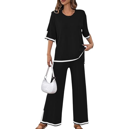 Jetjoy Zweiteiler Damen Freizeitanzug Hausanzug Kurzarm Strickpullover mit Lange Hose Lounge Set Tracksuit Jogginganzug 2 Teiler Set Winter Outfits,Schwarz,XL von Jetjoy