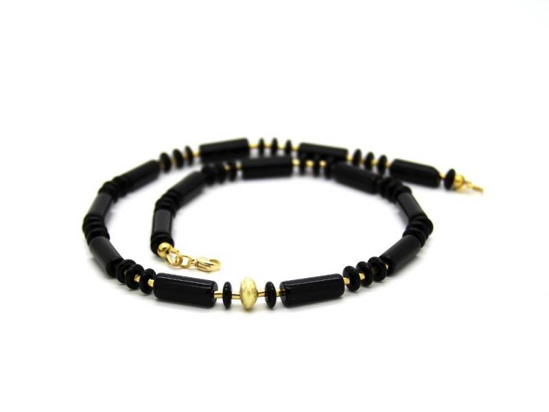 Kurze Onyx-Scheiben-Walzen-Halskette in Schwarz Mit Vergoldeten Echtsilber-Linse Und -Zylinder, Edelsteinschmuck, Accessoire #253 Akiza Kurze Onyx-Scheiben-Walzen-Halskette in Schwarz Mit Vergoldeten Echtsilber-Linse Und -Zylinder, Edelsteinschmuck, Accessoire #253 Akiza von JeudeCouleursSchmuck