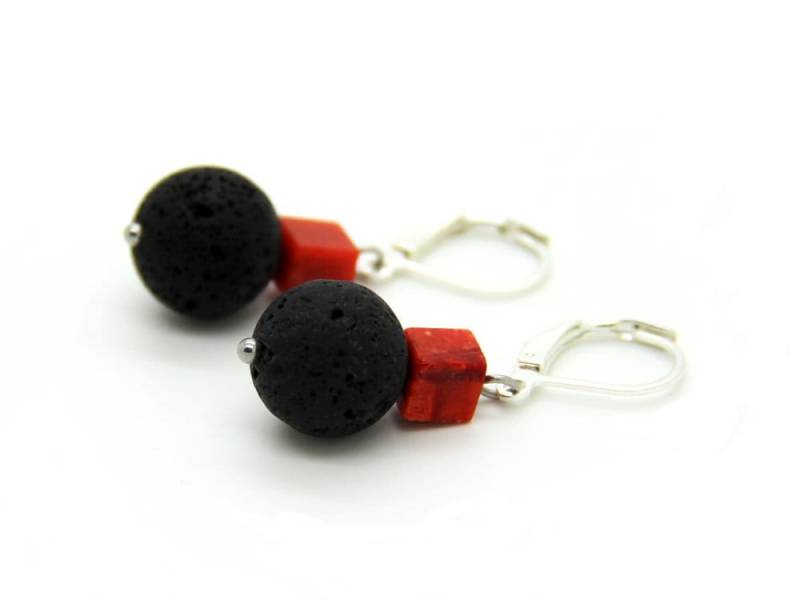 Lava-Kugel - Und Korallen-Würfel-Edelstahlbrisuren in Schwarz Orangerot, Eingehängtes Element, Schmuck, Ohrhänger, Accessoire #232 Lacobé von JeudeCouleursSchmuck