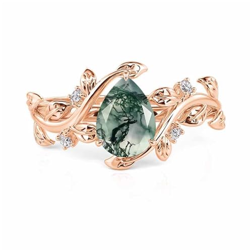 Damen Band Ring Moosachat Silberring Birnenschliff Zirkonia Bandring mit Weinblatt Blumenring Sterling Silber Fingerring Verlobungsring Elegant Trauring für Frauen Mädchen (Roségold, 63(20.2)) von Jeulia