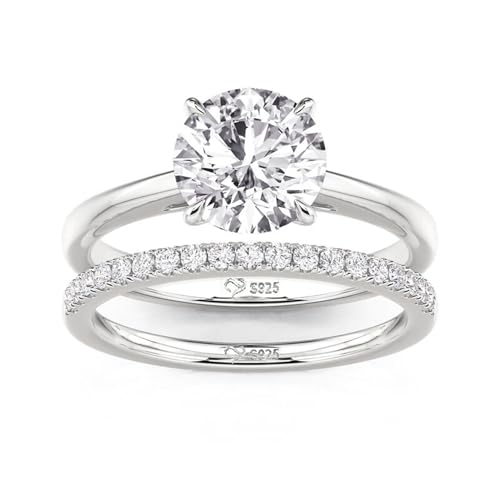 Damen Moissanit Klassisch Band Ring Set 925 Sterling Silber Vorsteckring Rundschliff Stein Stapelring Modern Elegant Doppelring Frauen Trauring für Hochzeit Valentinstag (Silber, 68(21.8)) von Jeulia
