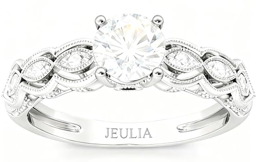 Damen Moissanit Milgrain Ring 925 Sterling Silber Ehering Rundschliff Stein Tauring Retro Elegant Verlobungsring Glänzend Ewigkeitsring für Frauen Hochzeit Valentinstag (Silber, 52(16.5)) von Jeulia