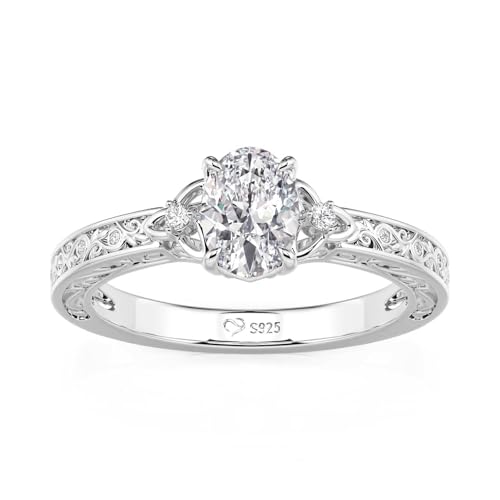 Damen Moissanit Ring Keltisch Knoten Blumen Ehering 925 Sterling Silber Solitärring Ovalschliff Rundschliff Blumering mit Stein Verlobungsring Bandring für Frauen Geschenk (Silber, 68(21.8)) von Jeulia