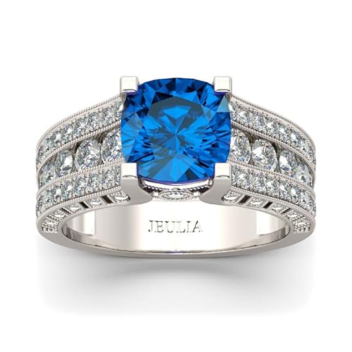 Damen Ring Milgrain Zirkonia Ehering Retro Breit Fingerring mit Blauem Stein Hochzeitsring Kissenschliff Rundschliff Verlobungsring Sterling Silber Trauring für Hochzeit Valentinstag (Blau, 63(20.2)) von Jeulia