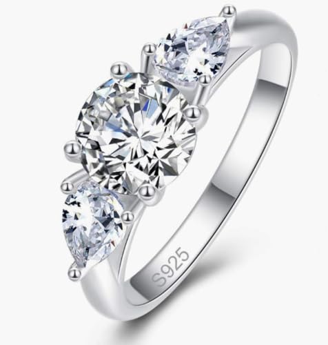 Damen Ring Moissanit Silberring Rundschliff Birnenschliff Ehering 925 Sterling Silber Verlobungsring Drei Stein Hochzeitsring Retro Elegant Tauring für Frauen Geschenk (Silber, 64(20.6)) von Jeulia