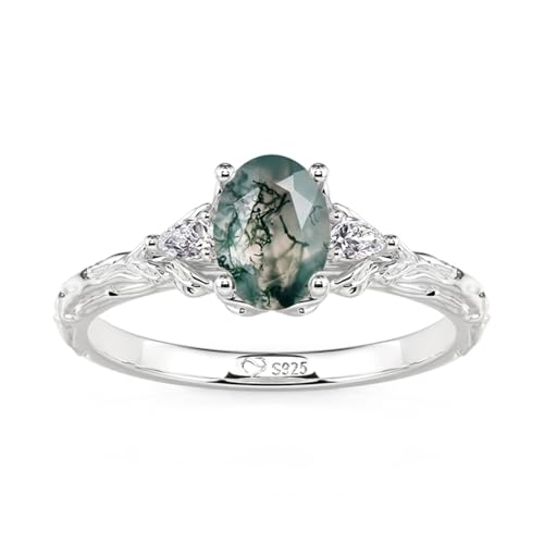 Damen Ring Moosachat Bandring Marquise Zirkonia Verlobungsring Retro Modern Fingerring Sterling Silber Ehering mit Stein Versprechungsring für Geburtstag Valentinstag Hochzeit (Silber, 58(18.5)) von Jeulia