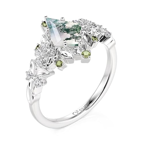 Damen Ring Moosachat Zirkonia Silberring Stiefmütterchen Blumen Verlobungsring Drachenschnitt Blumenring Sterling Silber Bandring Bunt Schmuckring für Frauen Geburtstag Valentinstag (50(15.7)) von Jeulia