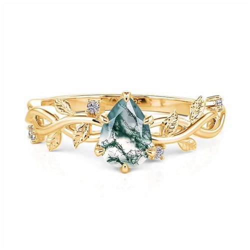 Damen Ringe Birnenschliff Moosachat Silberring mit Weinblatt Verlobungsring Zirkonia Fingerring Sterlingsilber Versprechungsring Fein Bandring für Geburtstag Valentinstag Hochzeit (Gelbgold, 59(19)) von Jeulia