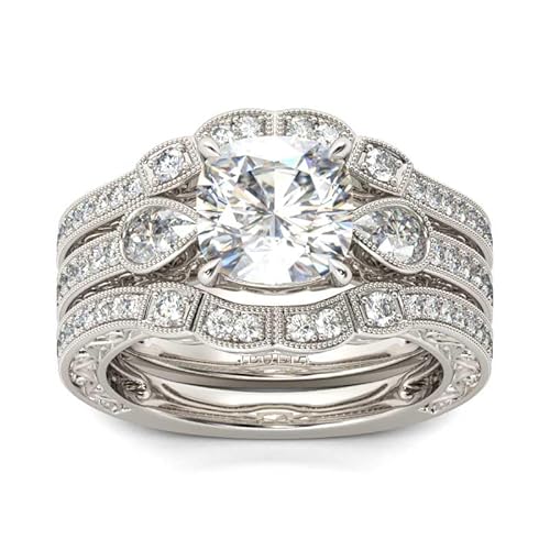 Damen Zirkonia Ring Set Stapelring Retro Trauring Kissenschliff Birnenschliff Hochzeitsring mit Steine Ehering Sterling Silber Verlobungsring Elegant Vorsteckring Hochzeit Verlobung (Silber, 56(17.7)) von Jeulia