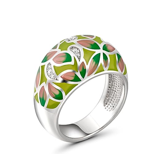 Jeulia „Full Bloom Damen-Ring, Ehering, Emaille, Sterlingsilber, Zirkonia, Diamant-Verlobungsring, Versprechen, Verlobung, Braut, Schmuck, Geschenk (Silber und Grün, 59(19)) von Jeulia