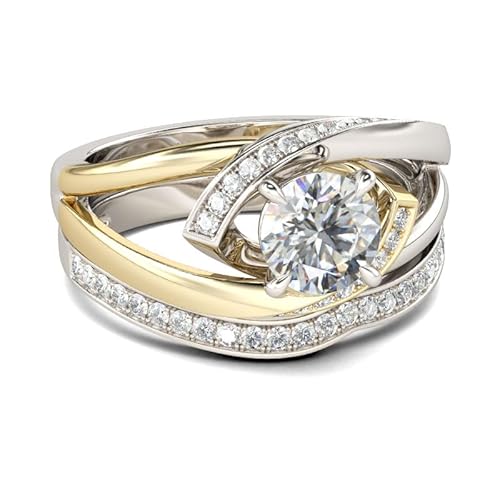 Jeulia 2,5 Karat Sterlingsilber Ringset Für Damen Mädchen Zweifarbig Verflochten Verlobungsring Eheringe Rundschliff Ewigkeitsringe für Valentinstag Geburtstag (Silber, Gelbgold, 56(17.7)) von Jeulia