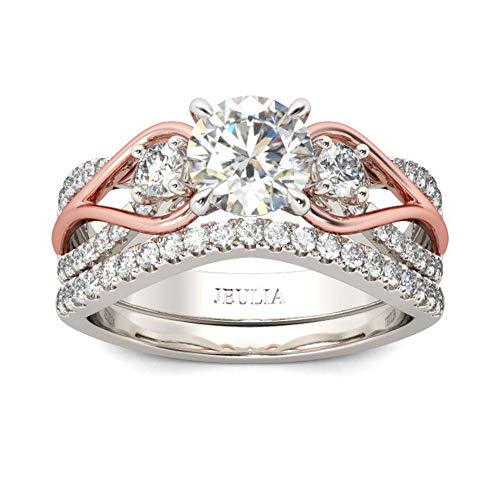 Jeulia [2 Stück] Damen Rosengoldbeschichtet Ringe Set Drei Steine Zweifarbig Rundschliff Sterling Silber Ringe Set Schmuck für Verlobungsring Trauring Ehering (52 (16.6)) von Jeulia
