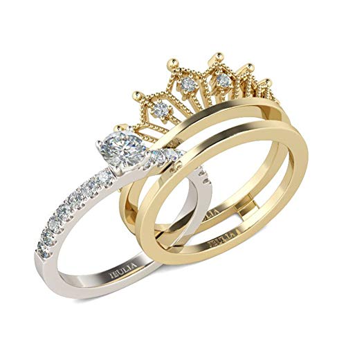 Jeulia 2 Stück Krone Damen Ringe Set Vergoldet Sterling Silber Verlobungsring Rundschliff Zirkonia Diamant Solitärring Antragsring Vorsteckring Mit Geschenkbox (51 (16.1)) von Jeulia