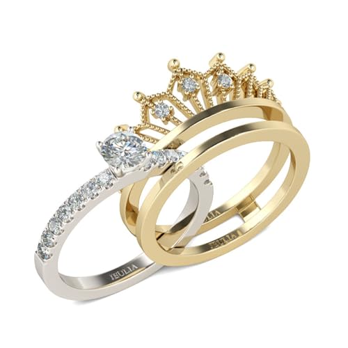 Jeulia 2 Stück Krone Damen Ringe Set Vergoldet Sterling Silber Verlobungsring Rundschliff Zirkonia Diamant Solitärring Antragsring Vorsteckring Mit Geschenkbox (51 (16.1)) von Jeulia