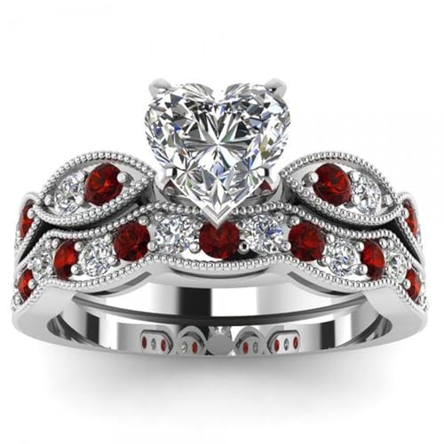 Jeulia 2 Stück Milgrain Sterlingsilber Ringset 3 ct Verlobungsring Für Damen Mädchen Ewigkeitsringe Eheringe mit Herzschliff Zirkonia Damenring für Geburtstag Valentinstag (Rot, 61(19.4)) von Jeulia