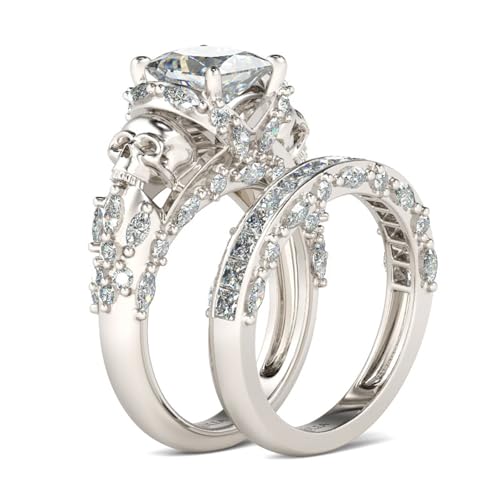 Jeulia 2 Stück Schädel Ringe Set Sterling Silber Prinzess-Schliff Ringe Schmuck für Braut Hochzeit Band Verlobungsring Damen (51 (16.2)) von Jeulia