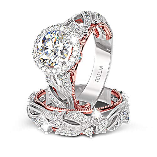 Jeulia 4 Karat Damen Ring 925 Sterling Silber Hochzeitssets Rose gold Rundschliff Halo Verlobungsring Weiß Diamantband CZ Solitaire ​Jahrestag Verlobungsring" (54（17.3）, Rose) von Jeulia