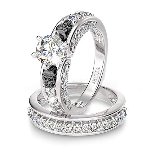 Jeulia 4 Karat Frauen gebogen Zwei Ton Schädel Ringe Männer Sterling Silber Weiß Diamant Brautring Set Rundschnitt Halo Verlobungsringe Zirkonia Ewigkeit Band Versprechen (Silber, 51 (16.2)) von Jeulia