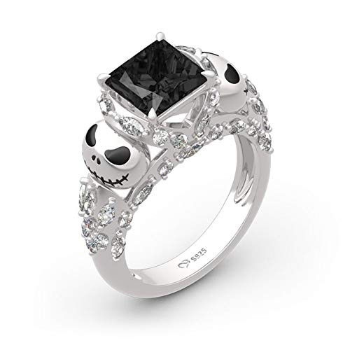 Jeulia 4.74ct Jack Sally Princess Cut Sterling Silber Ringe Damen Schädel Ring mit Weißem Stein Graviert Valentinstag Jubiläumsgeschenk Für Frau und Freundin mit Geschenkbox (Schwarz, 53 (16.9)) von Jeulia