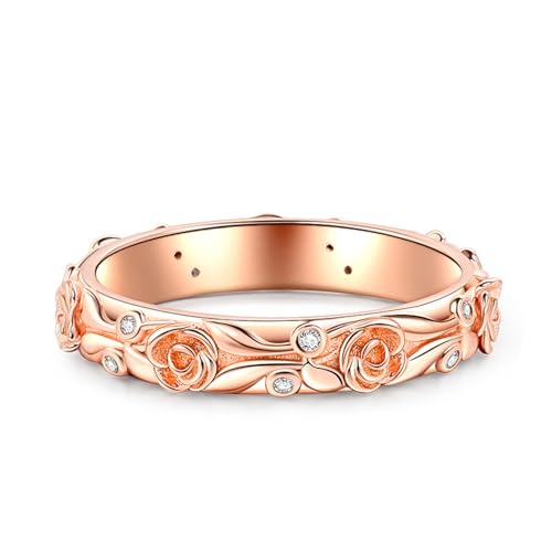 Jeulia 925 Sterling Silber Damenring Rose und Blatt geschnitzter Verlobungsring Ewigkeitsringe Eheringe Eternity Ring für ihre Frauen zum Jahrestag, Weihnachten, Valentinstag (Roségold, 66(21)) von Jeulia